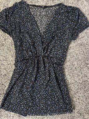 Women's Black Floral Print V-Neck Top - Blue Accent